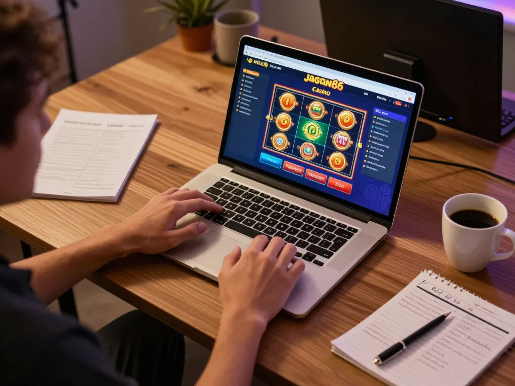 Engaging online gameplay on jagoan86 casino interface with cozy setup and strategy notes