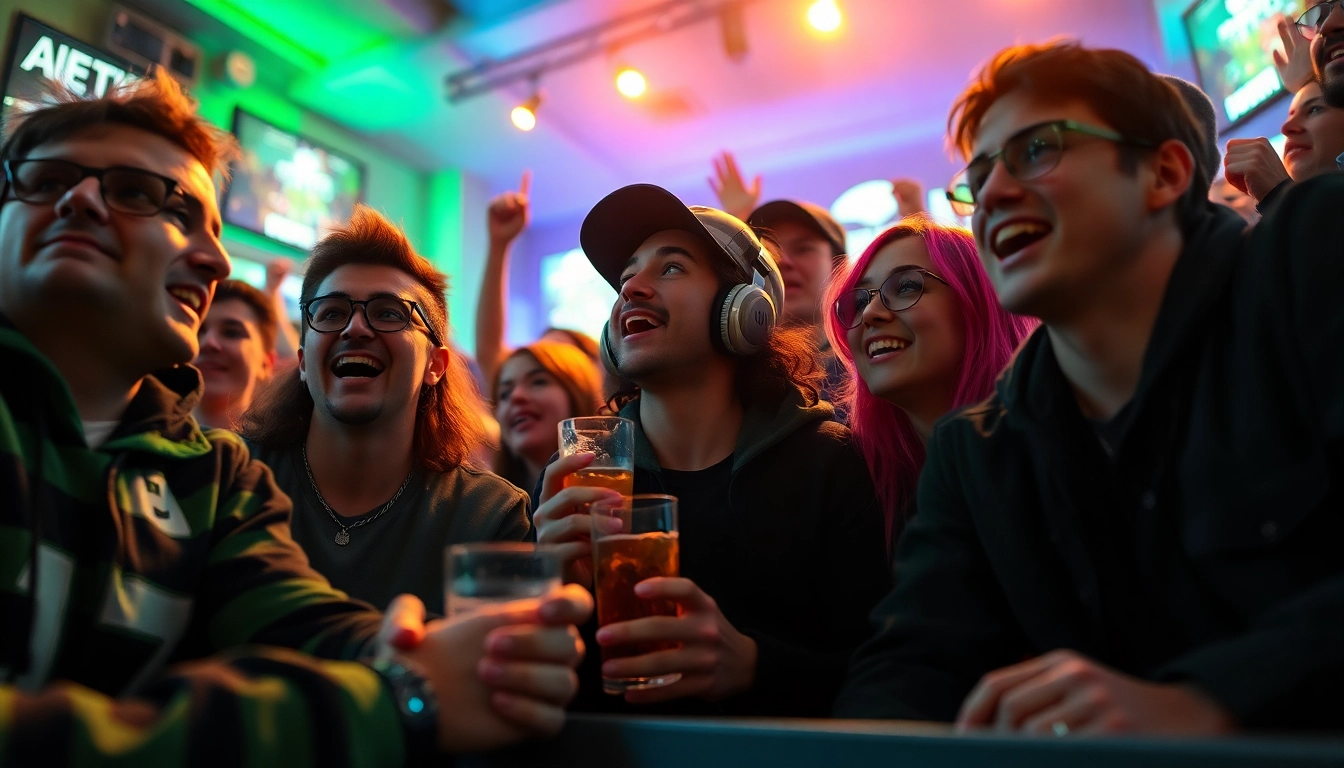 Exciting sports betting atmosphere featuring diverse fans cheering in a vibrant setting, related to 토토스토리.