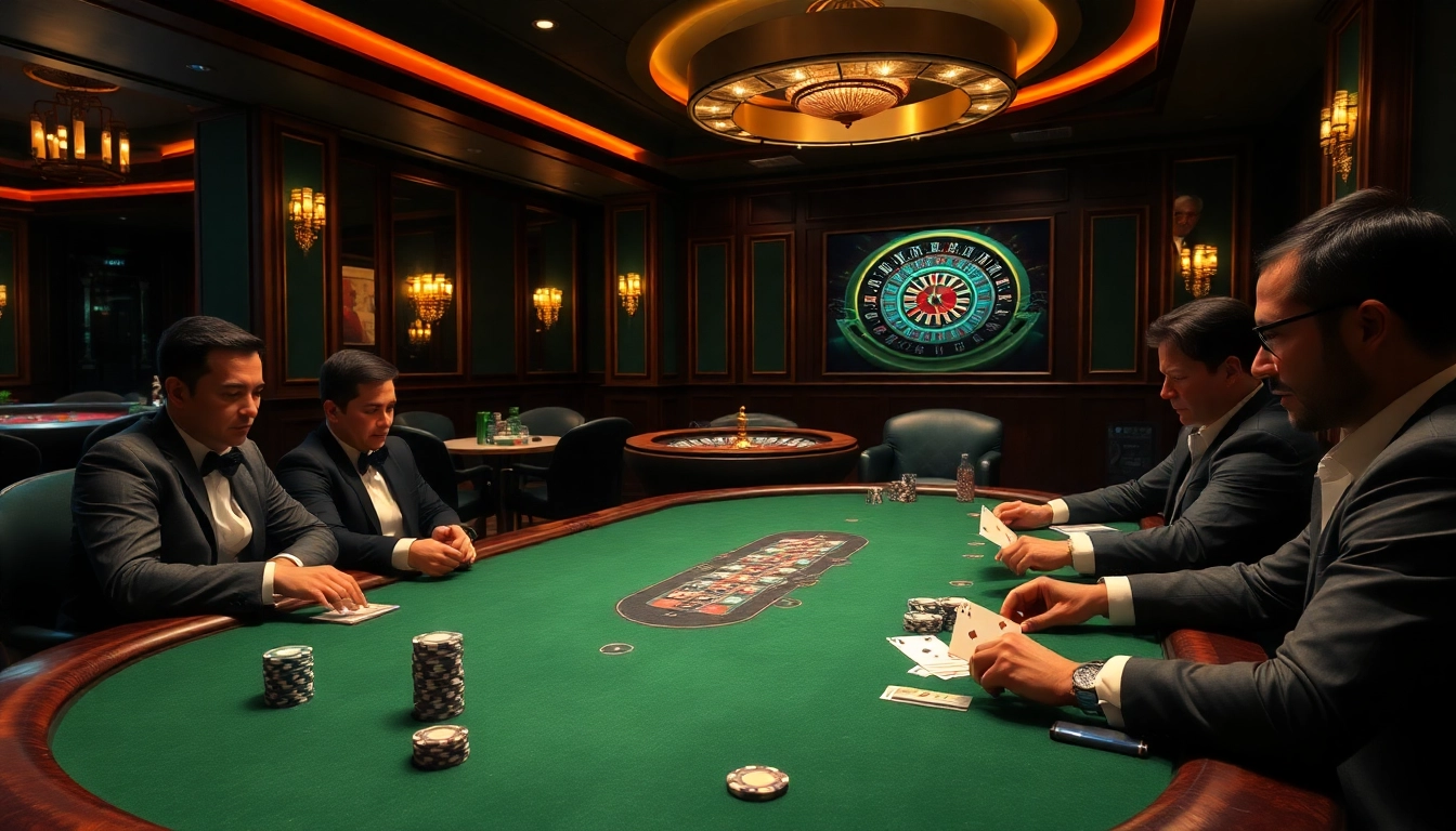 KPI4D players strategizing at a lavish poker table in an upscale casino.