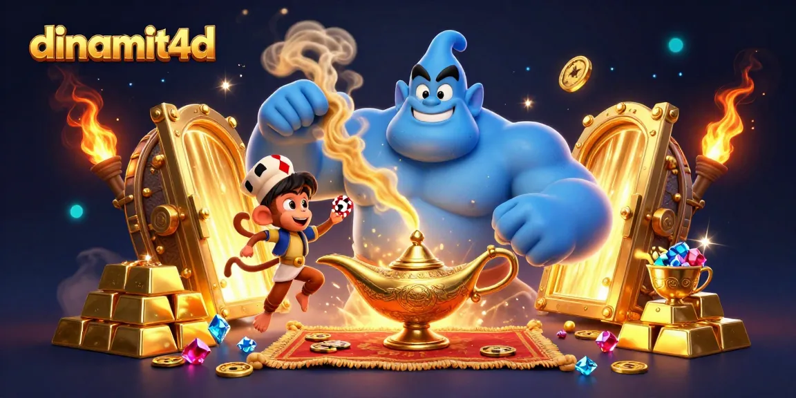 Engage with the exciting world of dinamit4d through a vibrant 3D illustration featuring a genie, treasures, and poker chips.