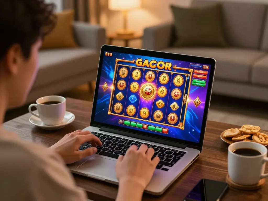 Engaged player spinning reels on a slot gacor game from home, showcasing vibrant online gaming.