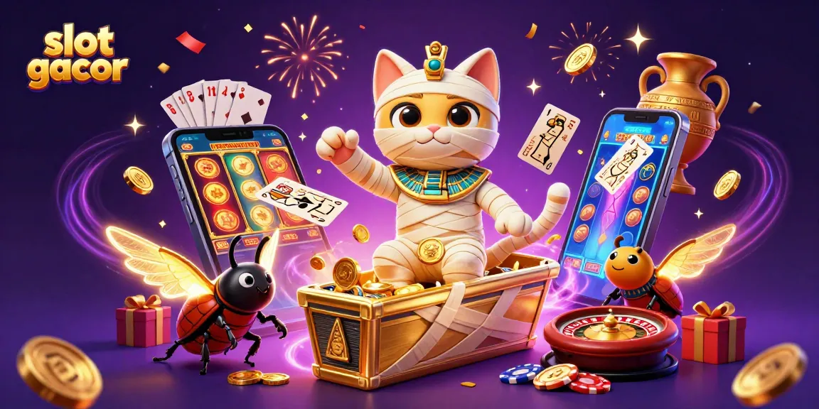 Experience thrilling slot gacor action with a cartoon mummy cat and casino elements bursting with excitement.