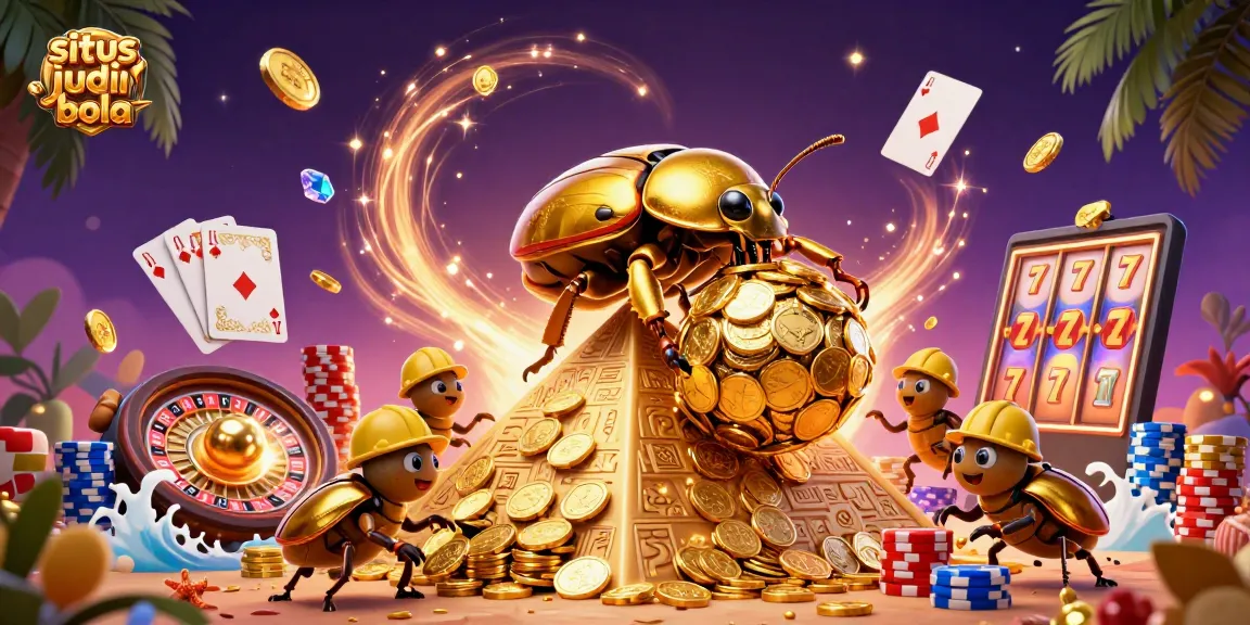 Engage in situs judi bola with a vibrant scene featuring a massive golden dung beetle rolling a coin ball amidst casino elements.