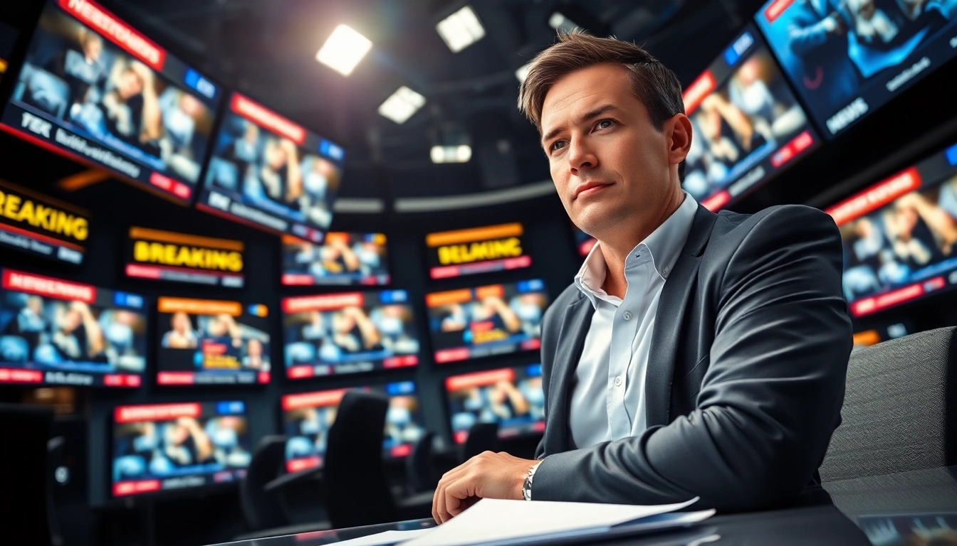 News reporter engaged in breaking news coverage in a vibrant newsroom.