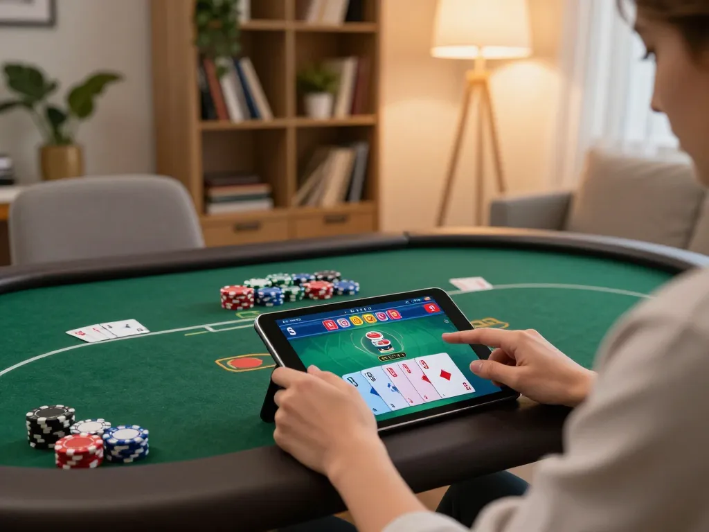 Engaged player using TG88 tablet app for online poker, showcasing vibrant game interface and strategic gameplay