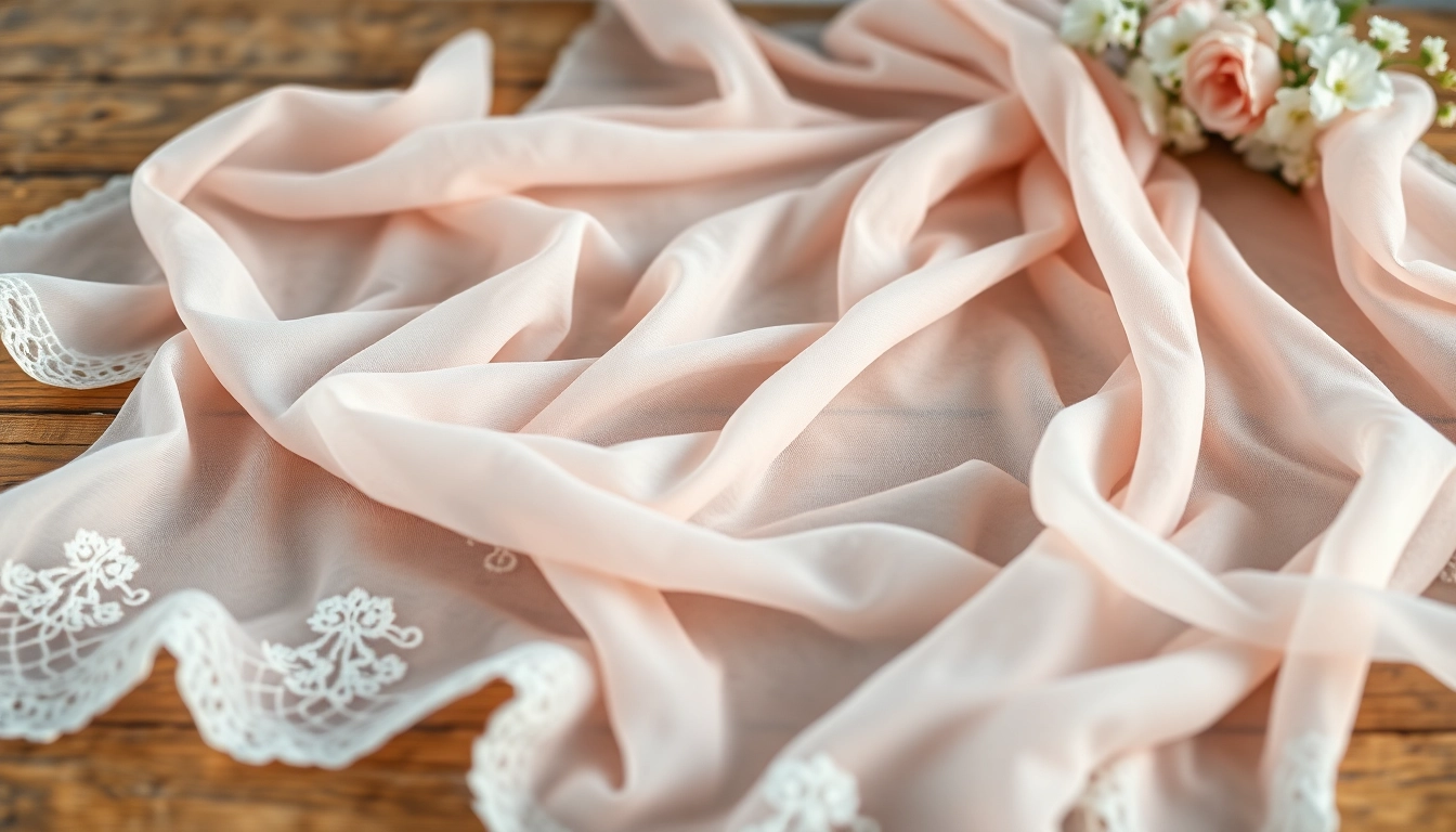 Chiffon stof kunstzinnig gedrapeerd op een houten tafel met delicate details.