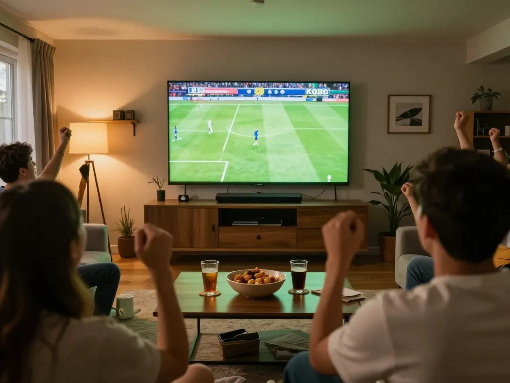KQBD fans cheering for live football scores on a large screen during a home match.