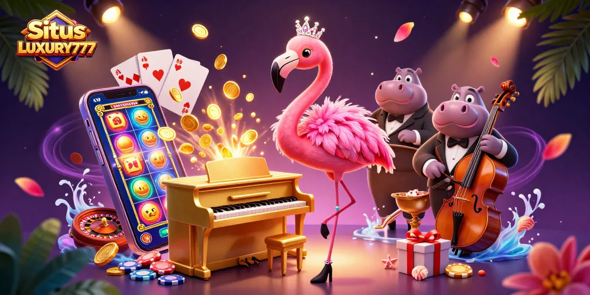 Situs LUXURY777 menampilkan flamingo penyanyi kasino dan hippo pembassist dalam ilustrasi 3D yang kaya visual