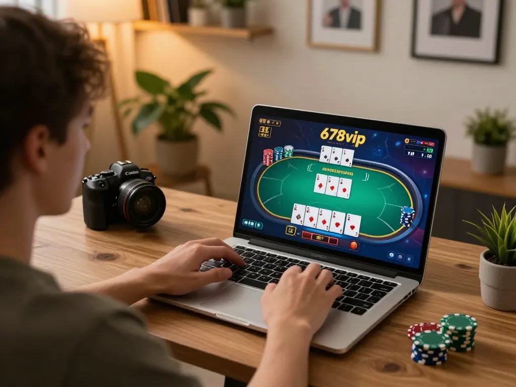 Playing poker at 678vip trang chủ on a laptop in a cozy home setting