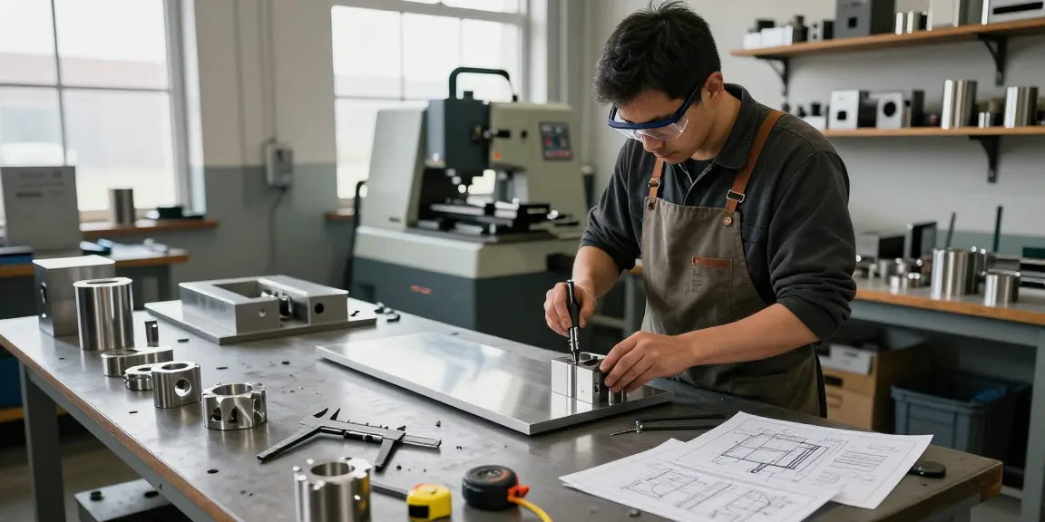 Craftsman at CNC machine creating custom stainless steel parts in a bright workshop.