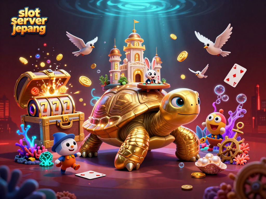 Experience thrilling gameplay on slot server jepang with lively 3D casino illustration of turtles and coins.