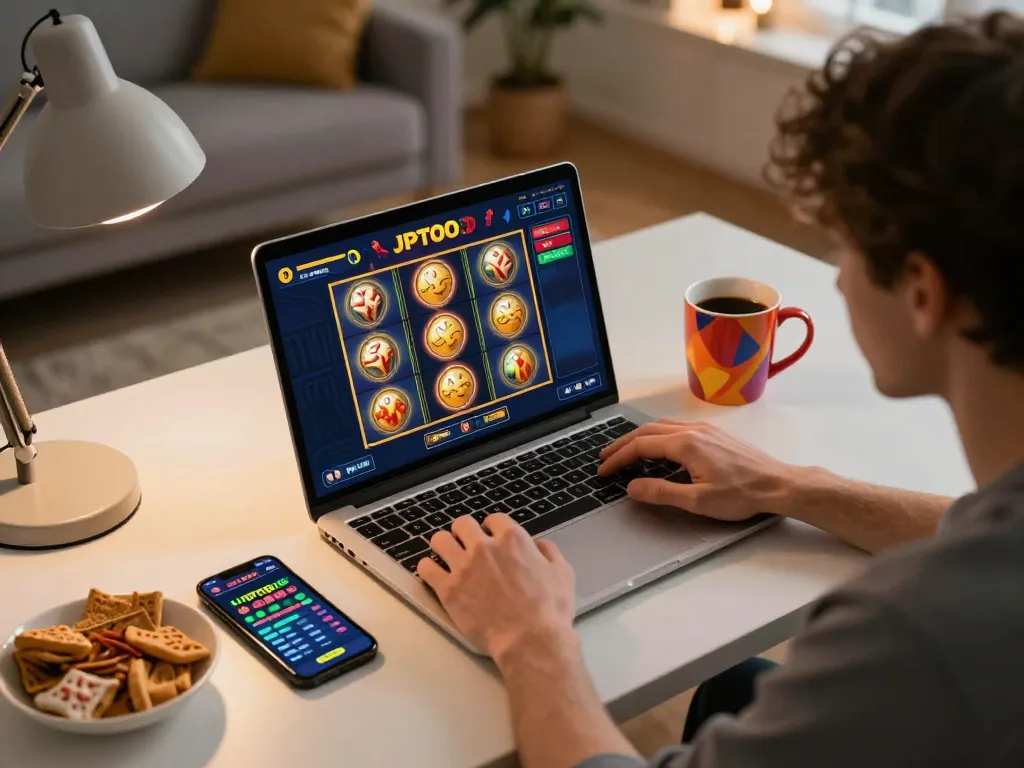 Engaging scene of a player enjoying JPTOTO slot game on a laptop at home, highlighting responsible gaming.