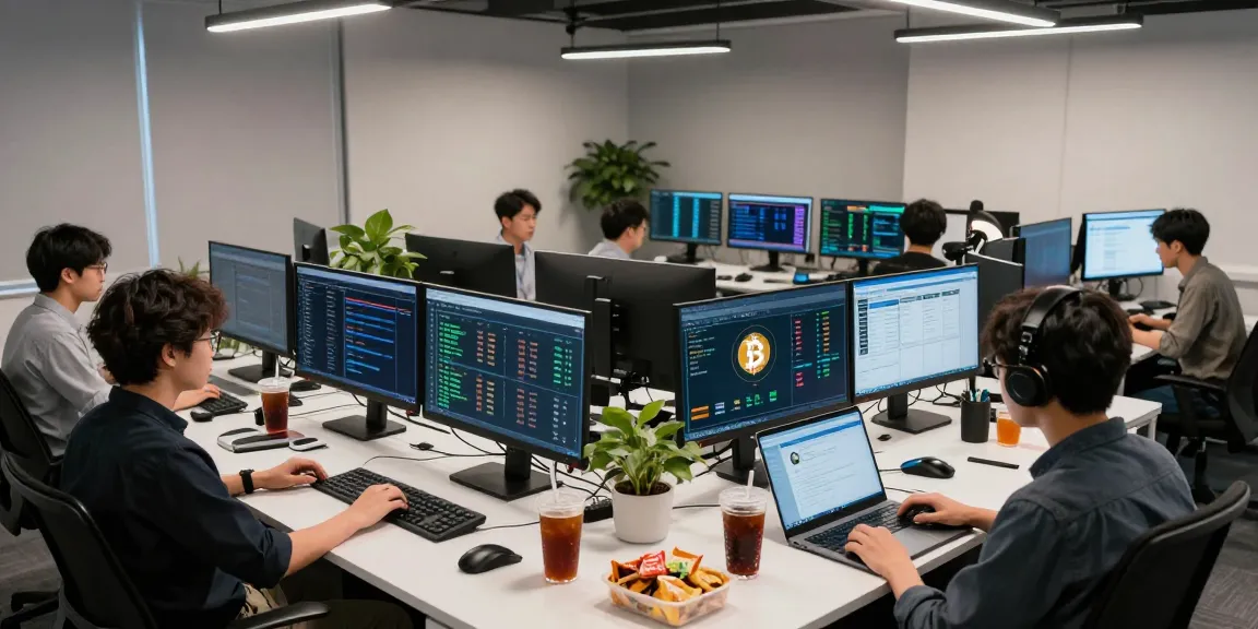Bitcoin mining company workspace showcasing advanced crypto trading technology and teamwork.