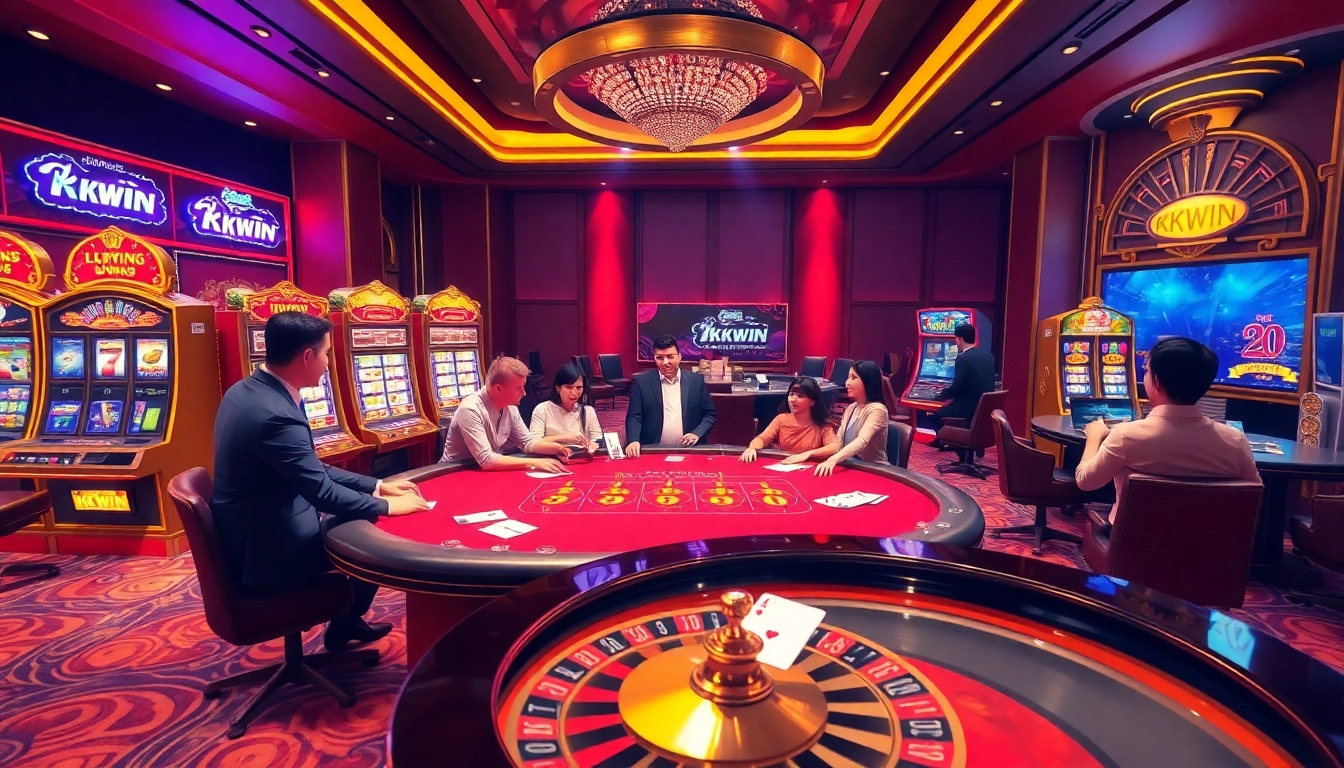 Exciting KKWIN link scene featuring vibrant casino elements like poker tables and slot machines.