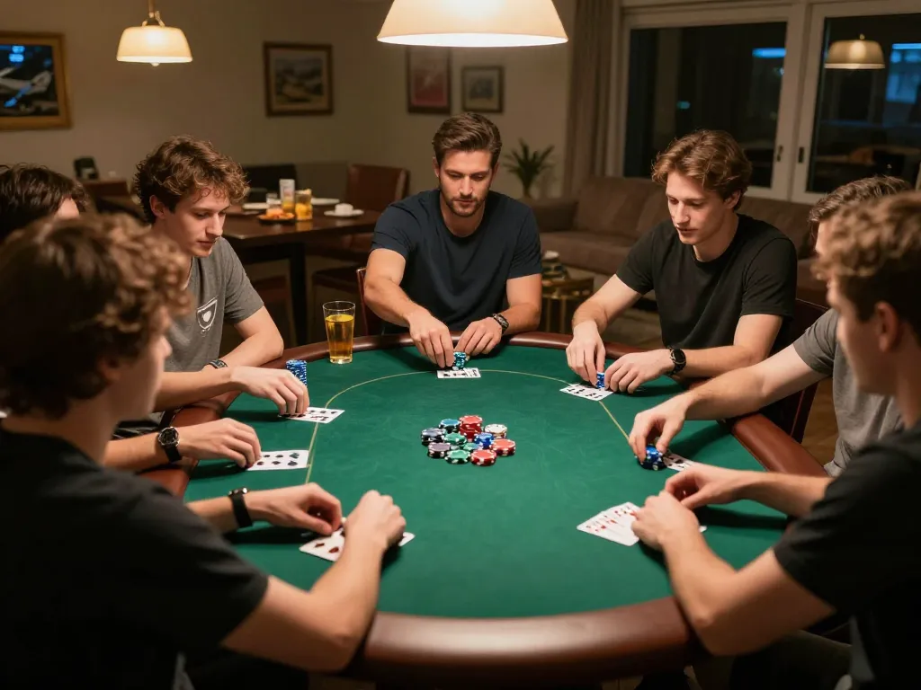 Engaging home poker night showcasing friends enjoying เว็บสล็อต in a competitive atmosphere with colorful chips and warm lighting.