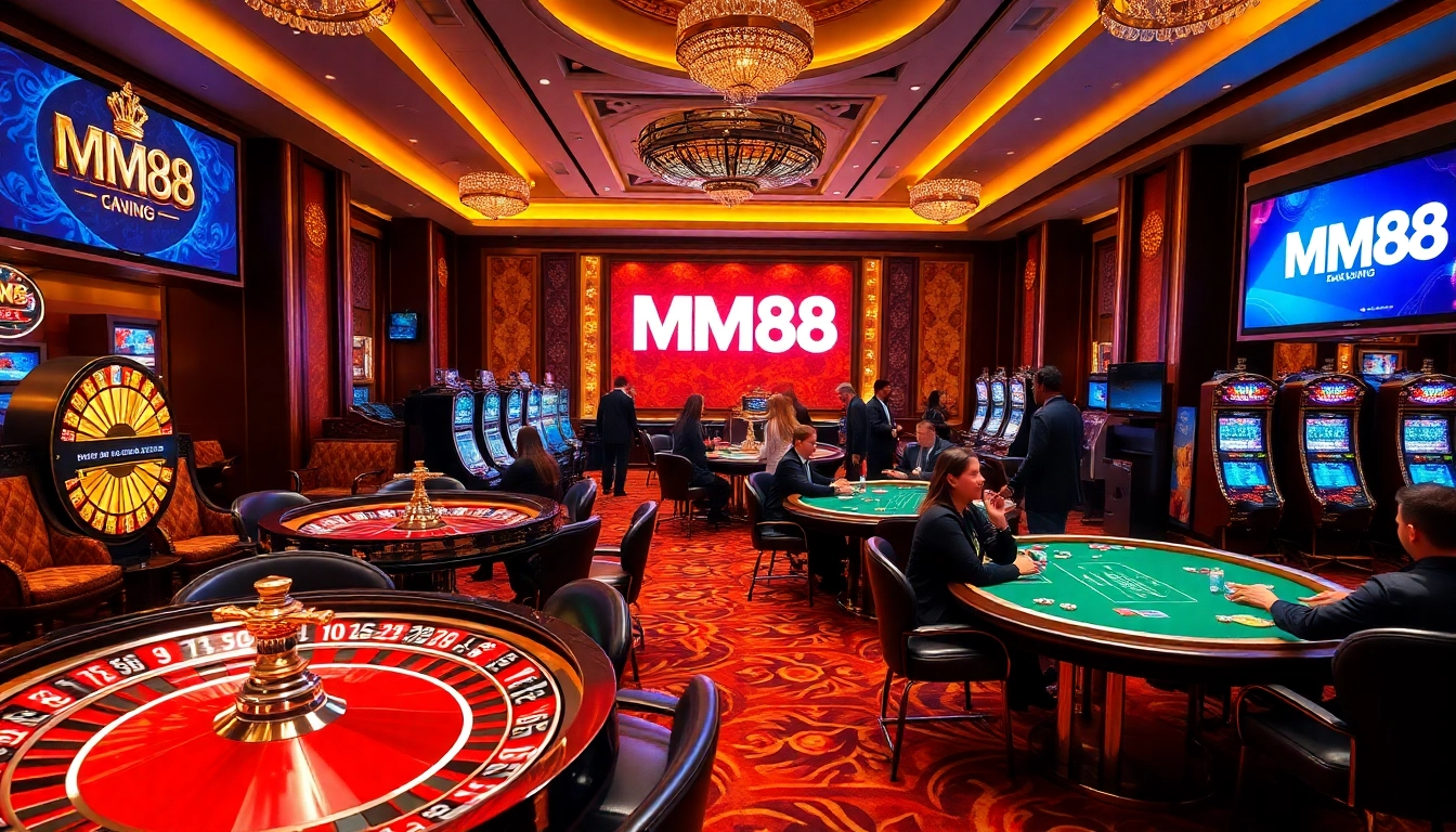 Players engaging in high-stakes games at MM88, surrounded by exciting casino elements and vibrant decor.