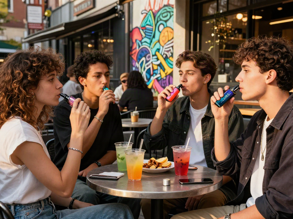Group enjoying Ryse vape devices at trendy café, capturing urban vaping lifestyle