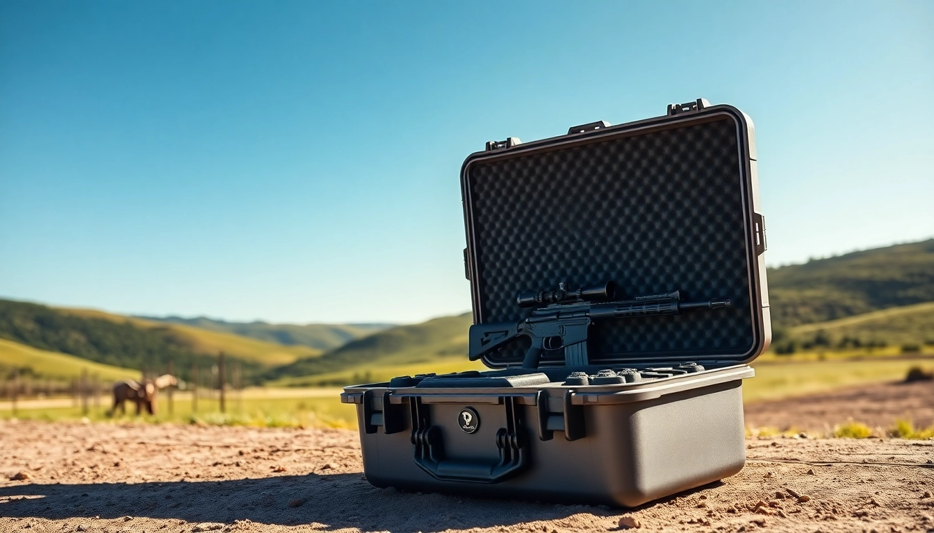 Showcasing a pelican rifle case with open design, highlighting features in an outdoor setting.