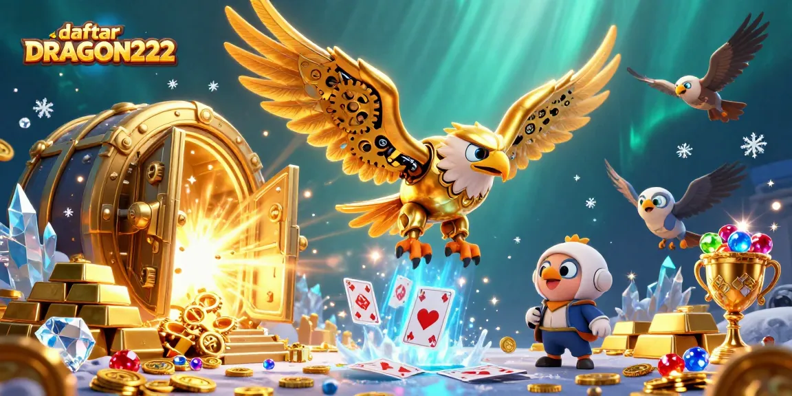 Play slots and win big with daftar DRAGON222, featuring a 3D illustration with golden eagle and casino elements.