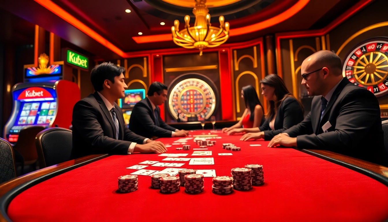 Kubet players engaging in a high-stakes casino game at a luxurious table with vibrant cards and chips.