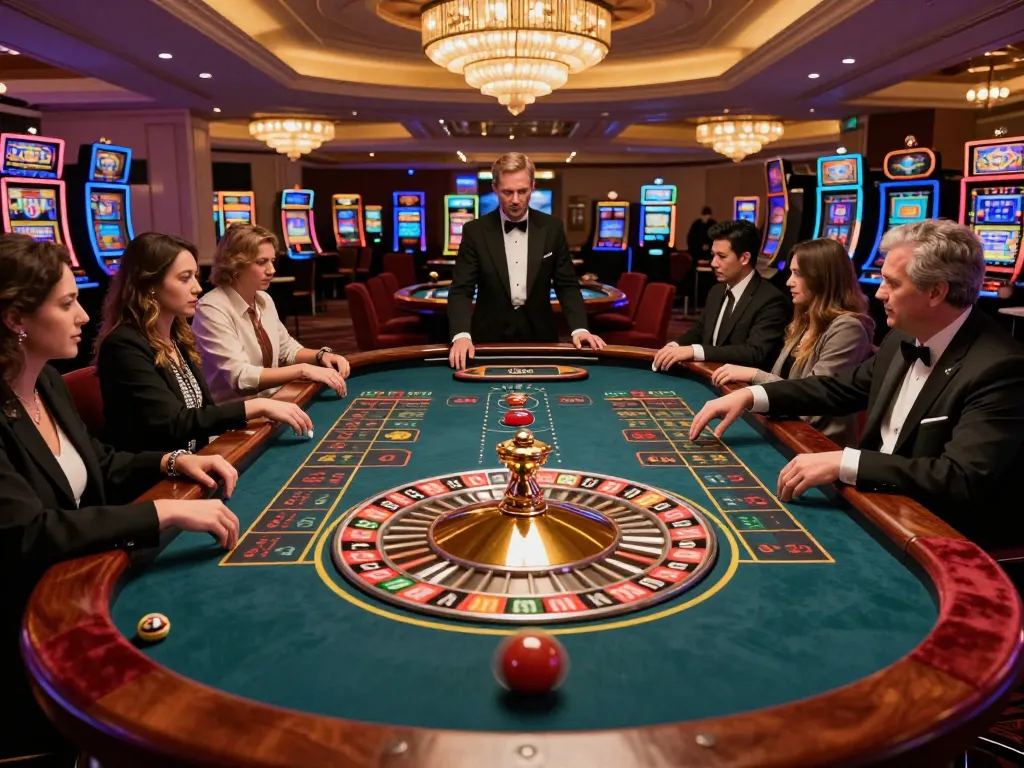 Experience the excitement of roulette as players engage around the table, showcasing strategic bets