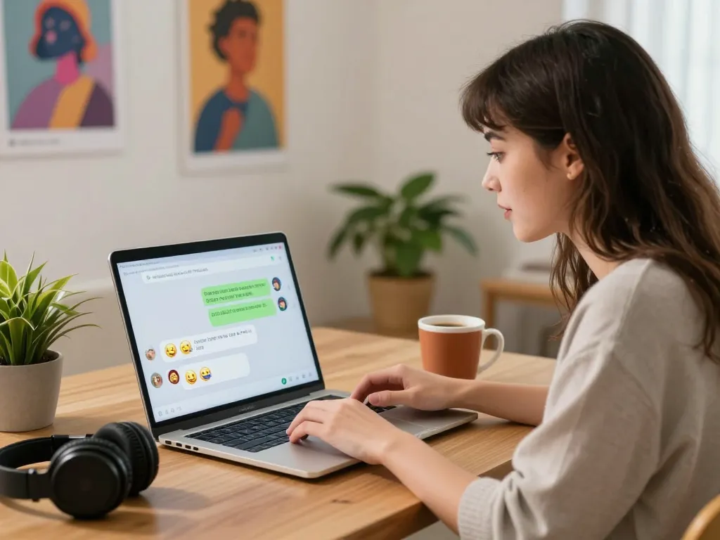 AI girlfriend chatbot interaction in a cozy home setting, featuring engaging conversation elements.