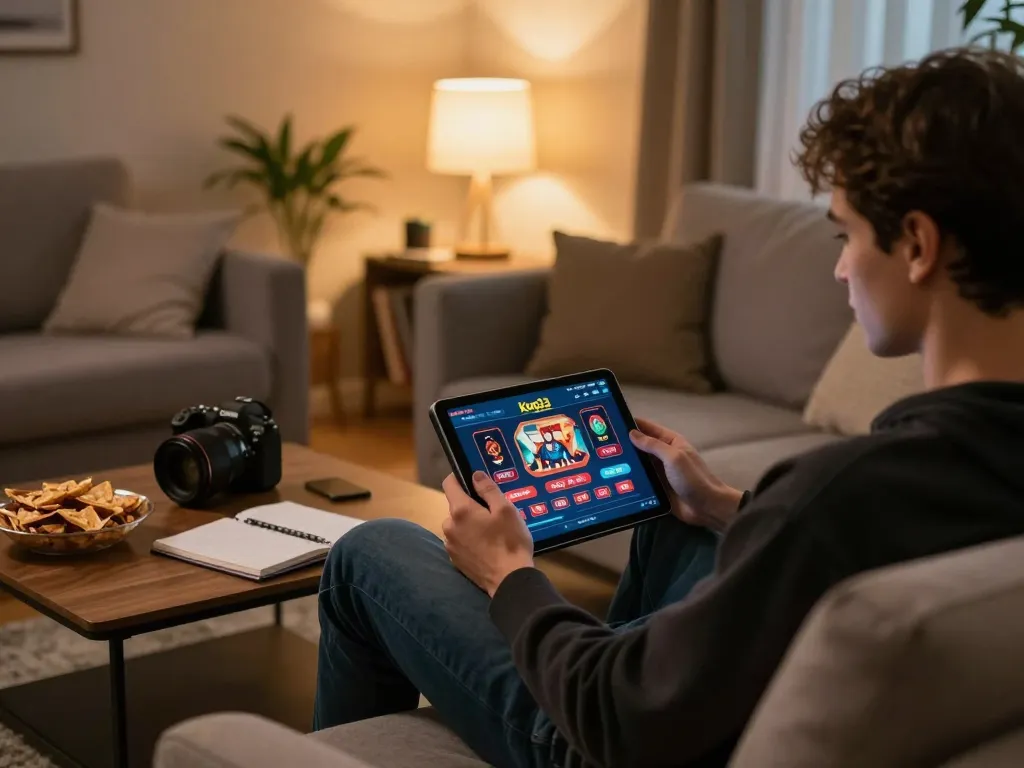 Engaging in strategic gaming on king33 app in a cozy home setting.