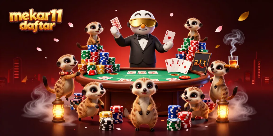Experience the excitement of mekar11 daftar with a lively meerkat casino illustration showcasing poker action.