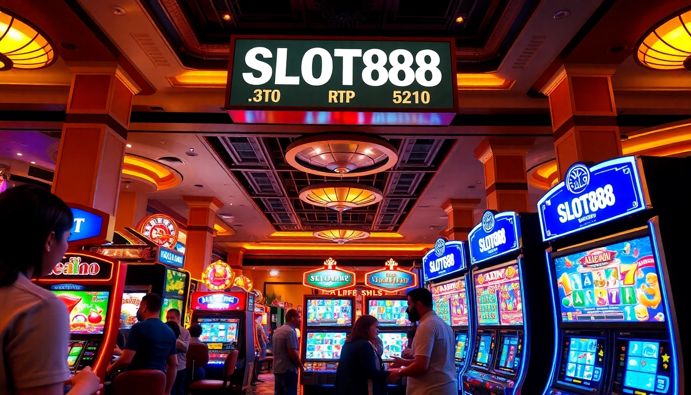 Players enjoying high RTP slot88 machines in a vibrant casino setting.