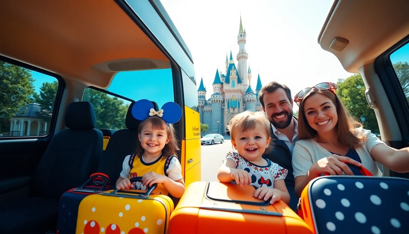 Families enjoying Disneyland Paris airport transfer services with smiles, surrounded by vibrant Disneyland scenery.