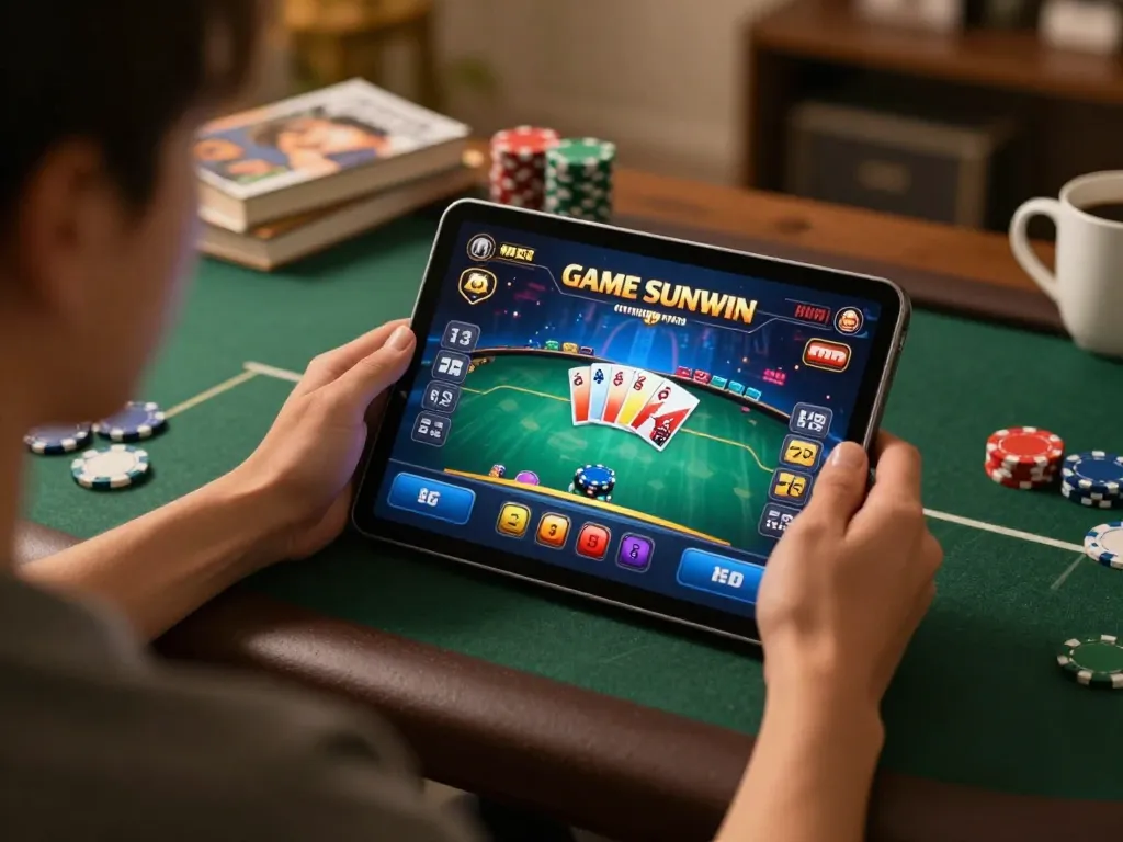 Engaging in GAME SUNWIN online gaming, featuring an intense poker session on a tablet in a cozy home setting.