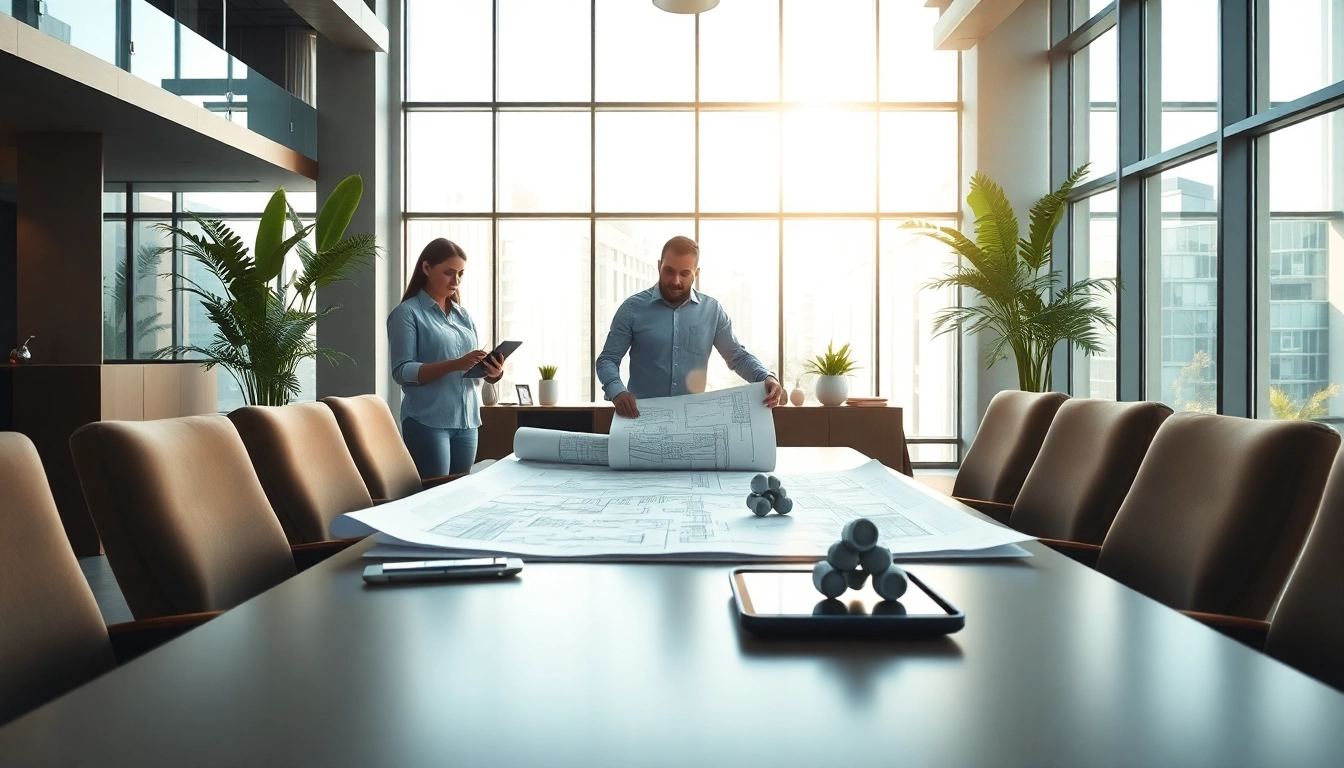 Team discussing plans in an architecture and engineering firm office setting.