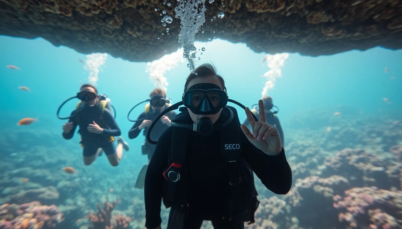 Tauchschule zeigt Tauchausbildung mit Tauchern im klaren Wasser.
