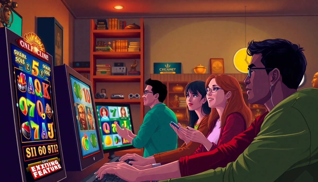 Experience thrilling Online slots UK gameplay with a vibrant digital casino setting featuring diverse players.