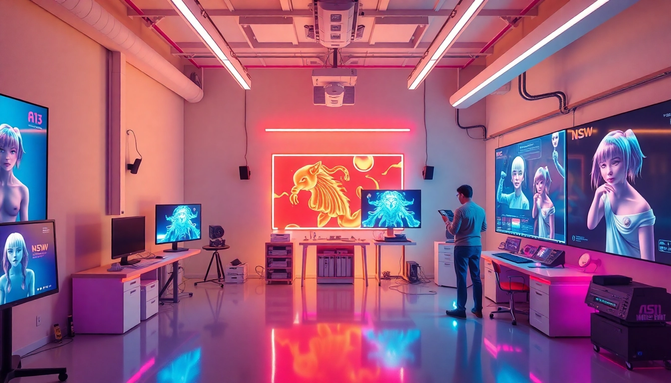 Futuristic digital art studio showcasing NSFW AI tools in action.