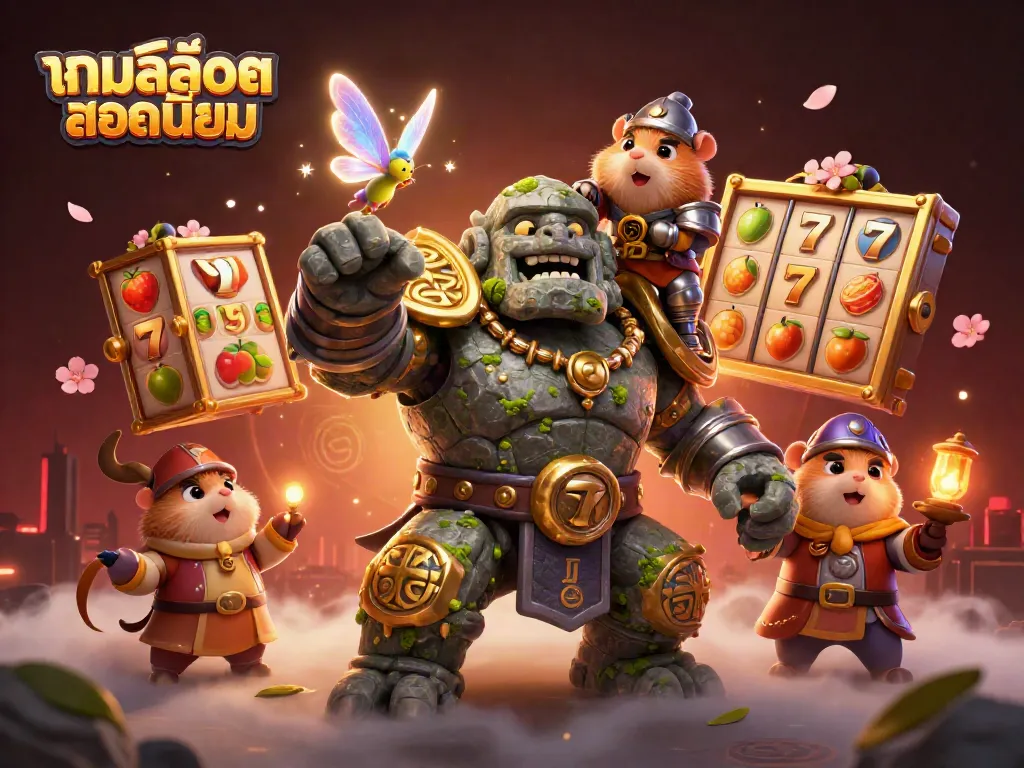 Experience เกมสล็อตยอดนิยม with epic 3D characters amidst spinning slot reels and vibrant casino elements.