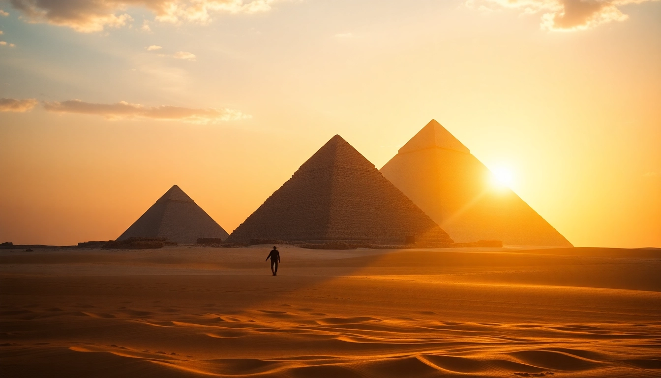 Visitors admiring the majestic pyramids at sunset, showcasing the beauty of piraminds.