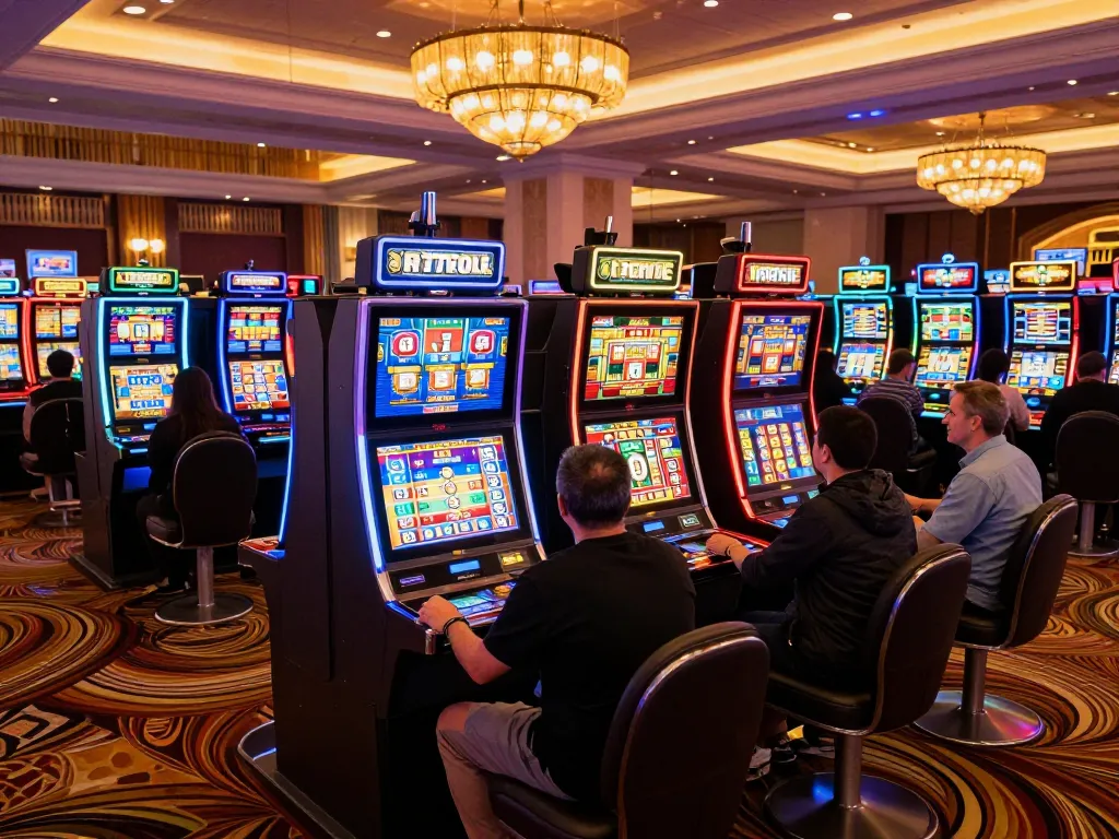 Players enjoying various slot machines featuring link slot777 in an upscale casino environment.