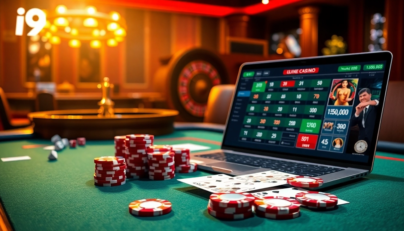 Engaging scene at i9bet online casino showcasing poker chips, cards, and roulette