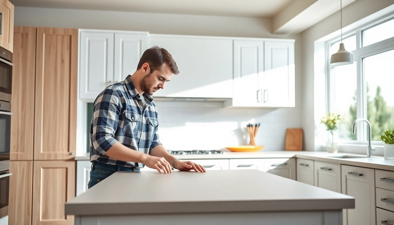 Cabinet Refacing Saint Petersburg FL showcasing a skilled artisan in a bright kitchen.