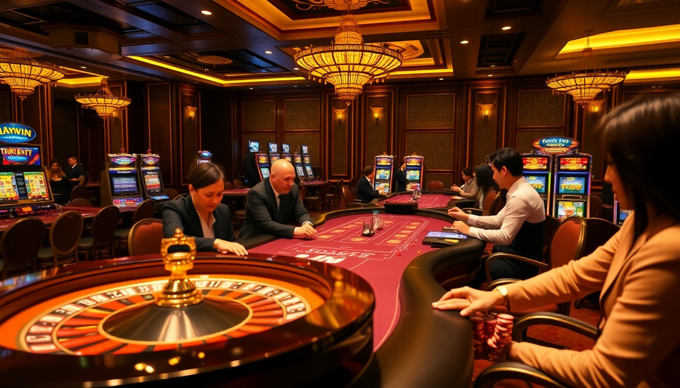 Experience the excitement of Haywin with vibrant casino games featuring roulette wheels, slot machines, and enthusiastic players.