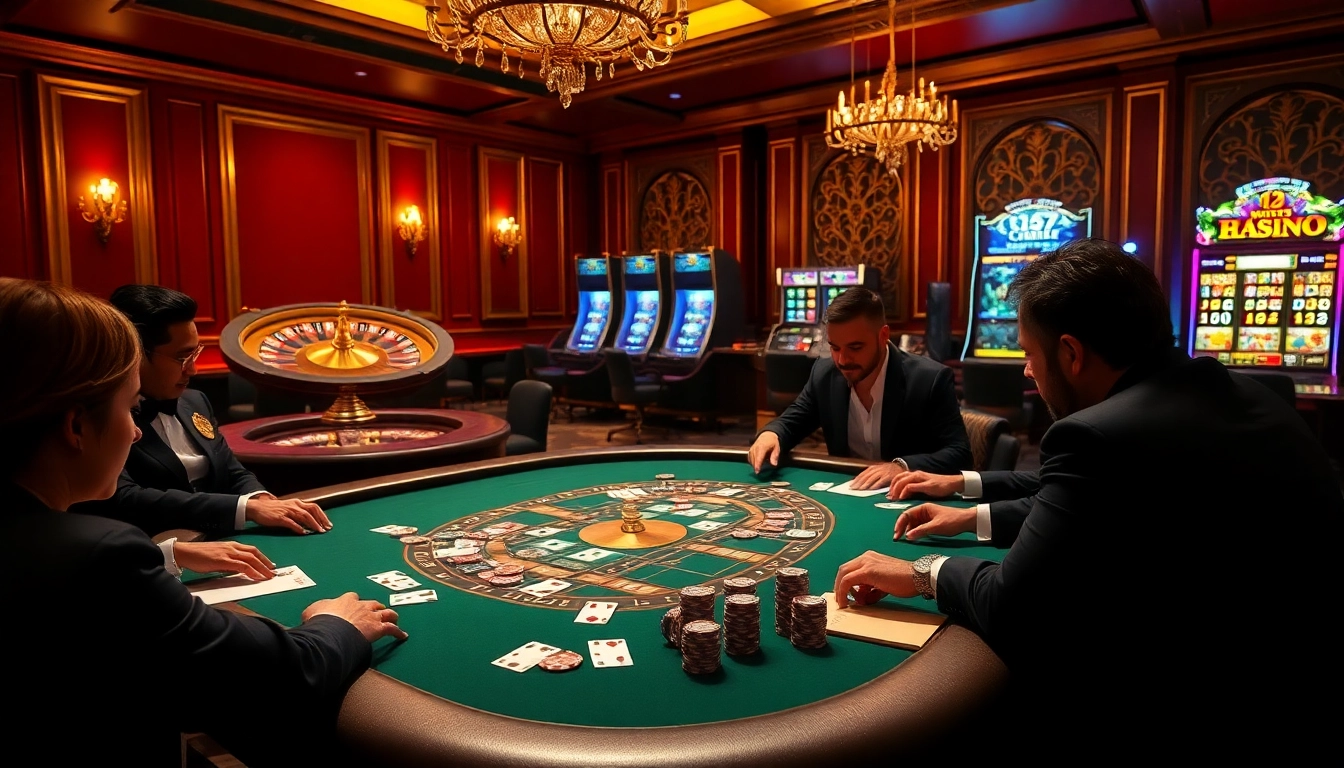 L'ambiance vibrante du meilleur casino en ligne présente des joueurs à une table de poker prestigieuse, augmentant le frisson du jeu.