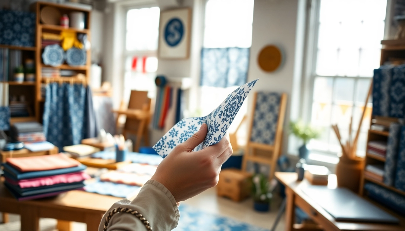 Creëren met delfts blauwe stof in een kleurrijke stoffenstudio.