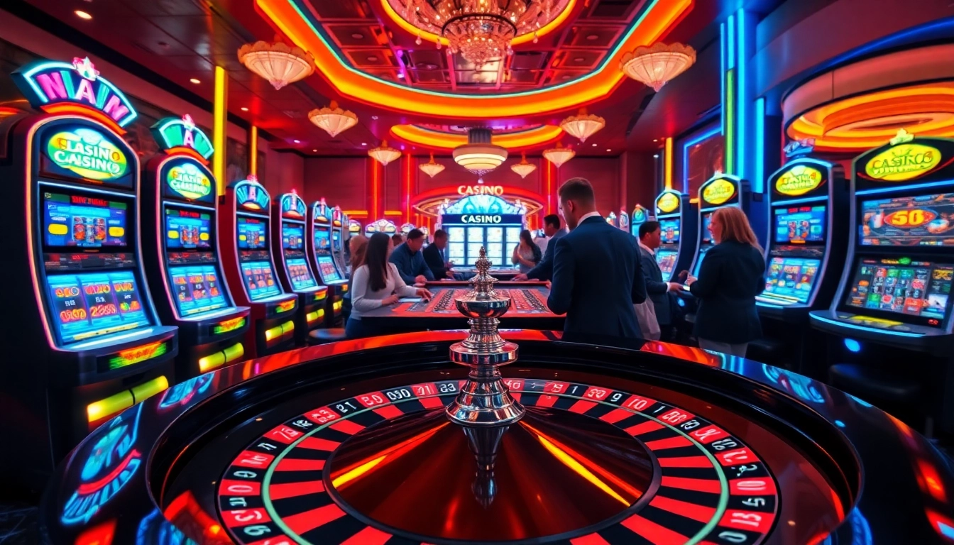 Spannende Spielerlebnisse beim casino spielen mit lebendigen Spielautomaten und Roulettetisch.