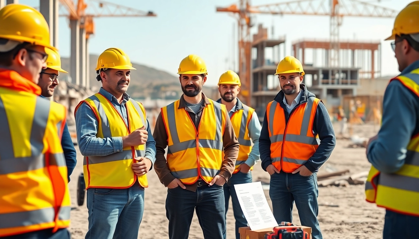 Engaged workers participating in construction safety classes at a training site, focusing on safety gear.