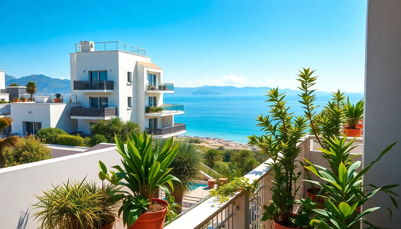 View modern alanya apartments for sale with balcony and stunning Mediterranean background.
