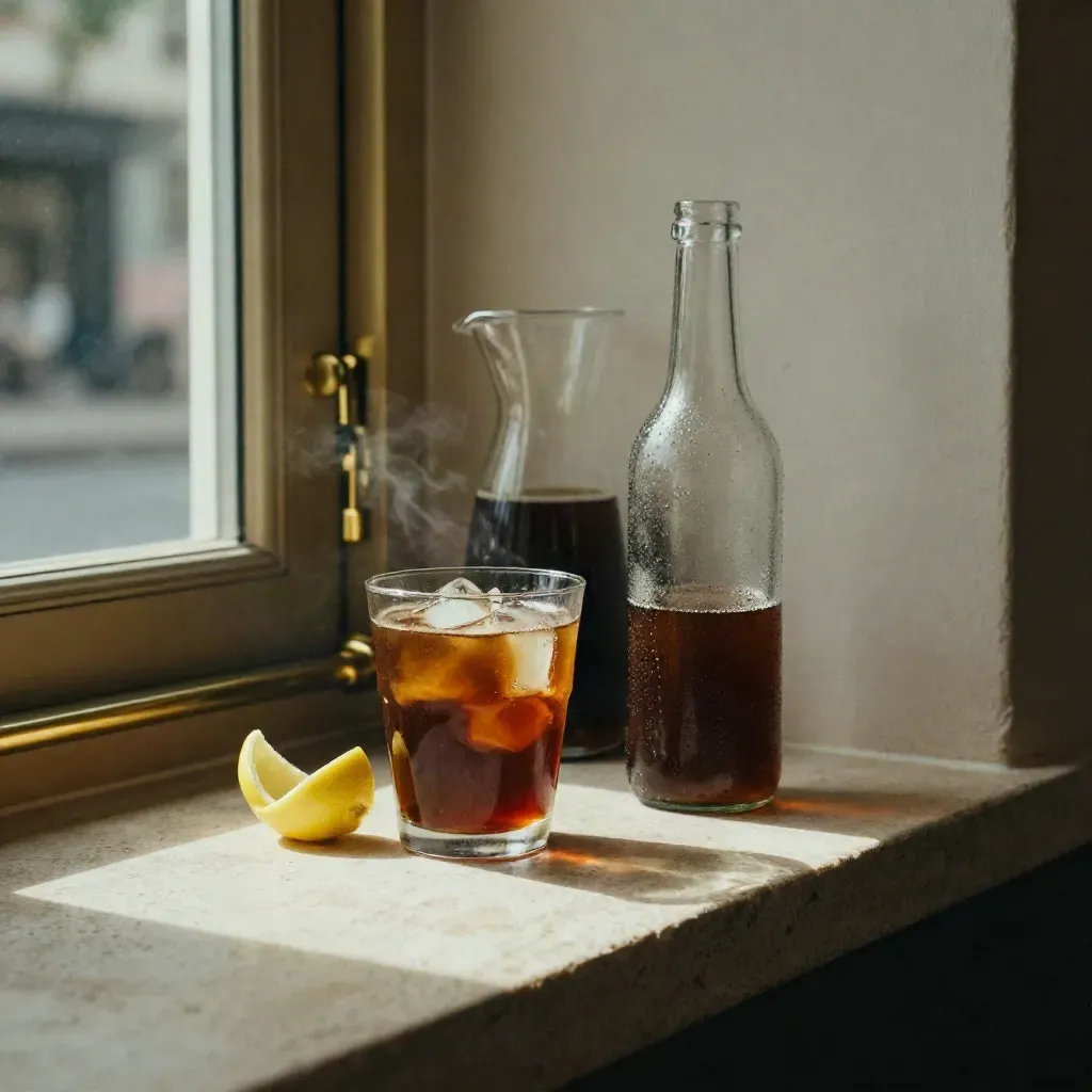 Cold brew carafe and iced coffee on pale stone in a cozy café corner, with condensation and lemon peel.