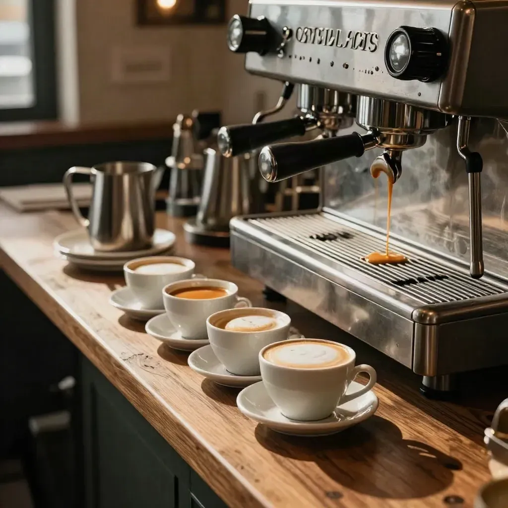 Espresso bar with straight espresso, cappuccino, milk pitcher and saucer stack in warm daylight.
