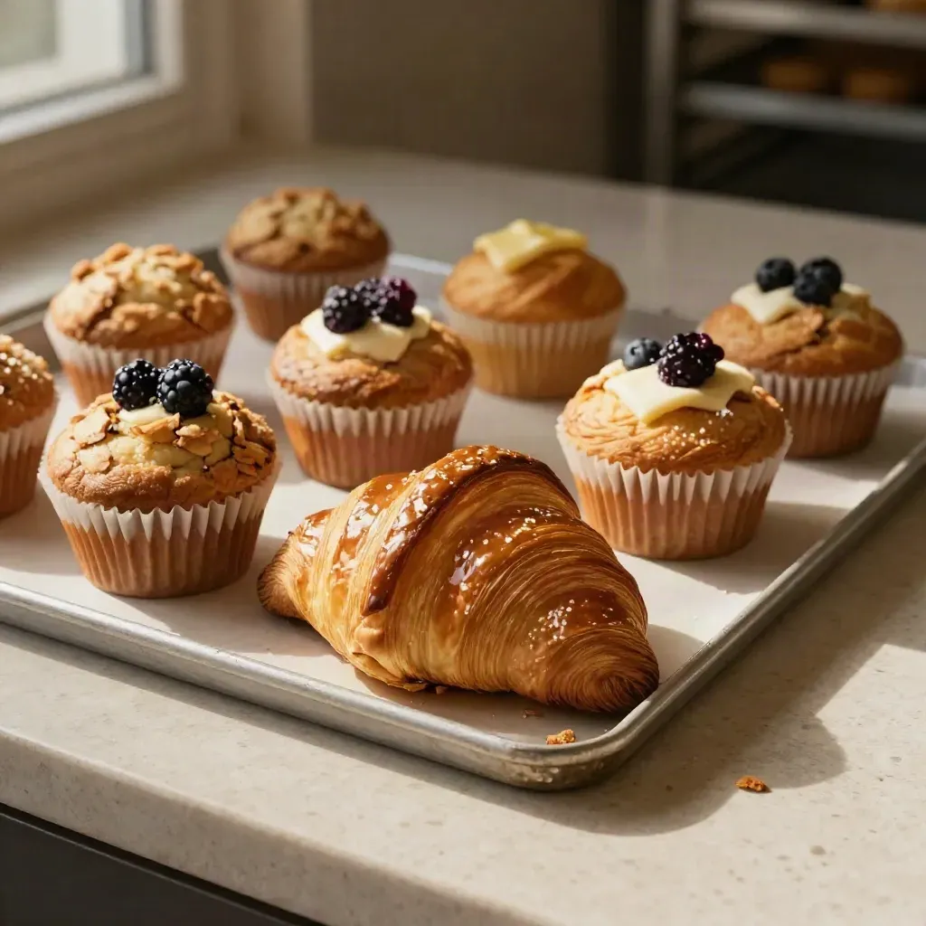 Butter croissants and berry muffins on a linen-lined pastry tray at a café prep pass.