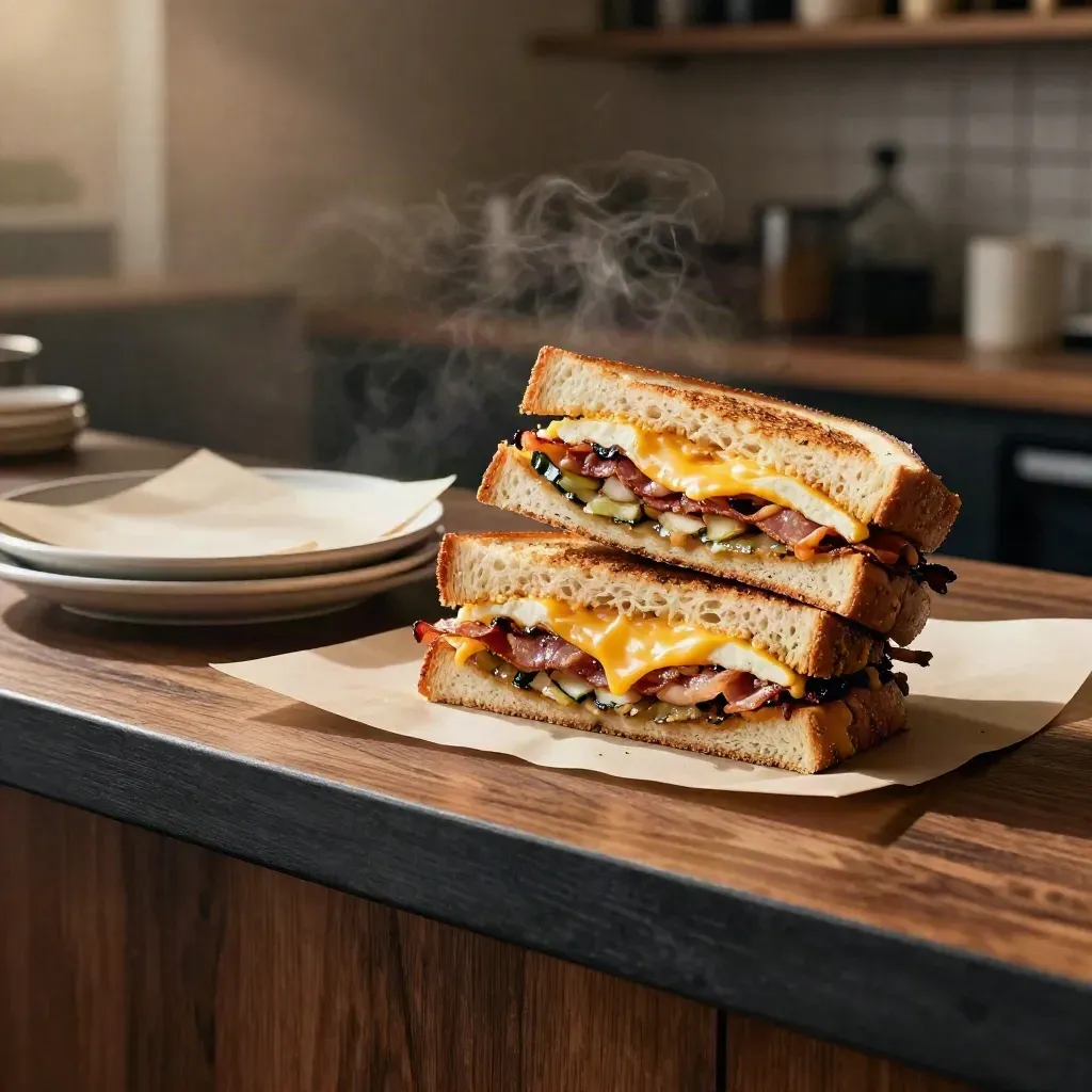 Diagonal cut breakfast sandwiches with melted cheese and bacon on paper-lined plates at a café counter